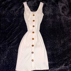 White Midi Ribbed Dress w/ Brown Wooden Button